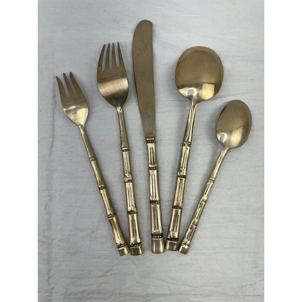 Vtg MCM Nickel Bronze Faux Bamboo Flatware 5 PCs Set Server 1 Retro‎ Decor